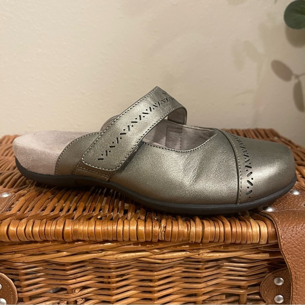 Vionic Allegra Women US 6 Metallic Leather Comfort Loafer Mules Hook Loop Shoe